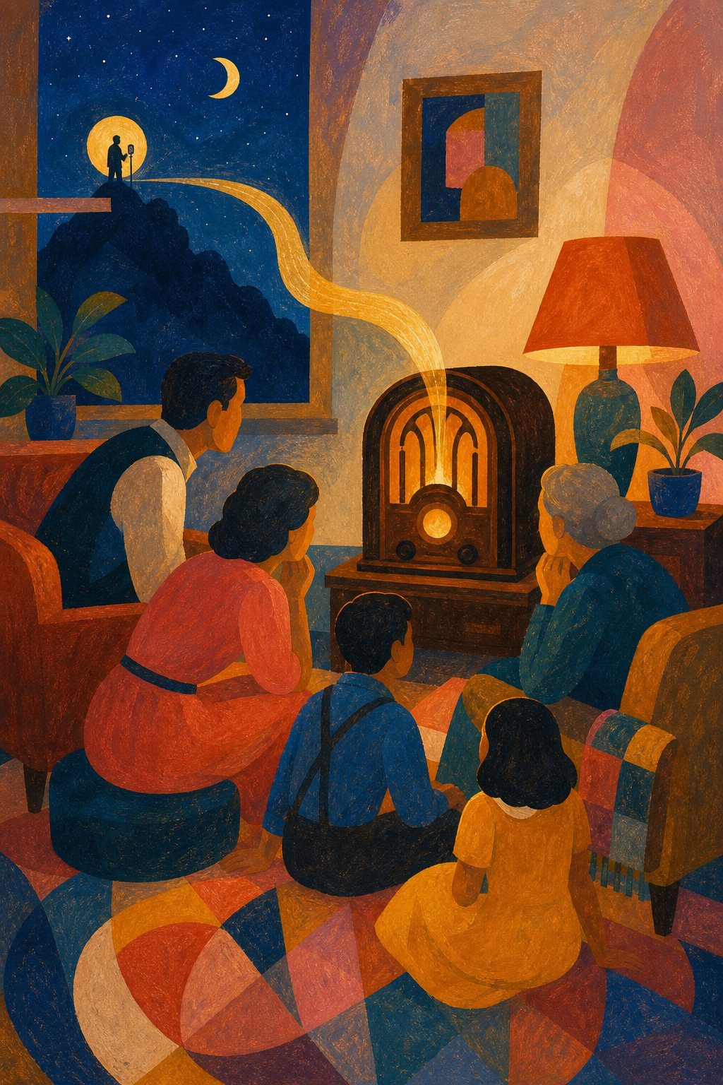 Painted scene of a 1930s family gathered around a glowing radio at night, a single golden ribbon of sound arriving from a distant speaker