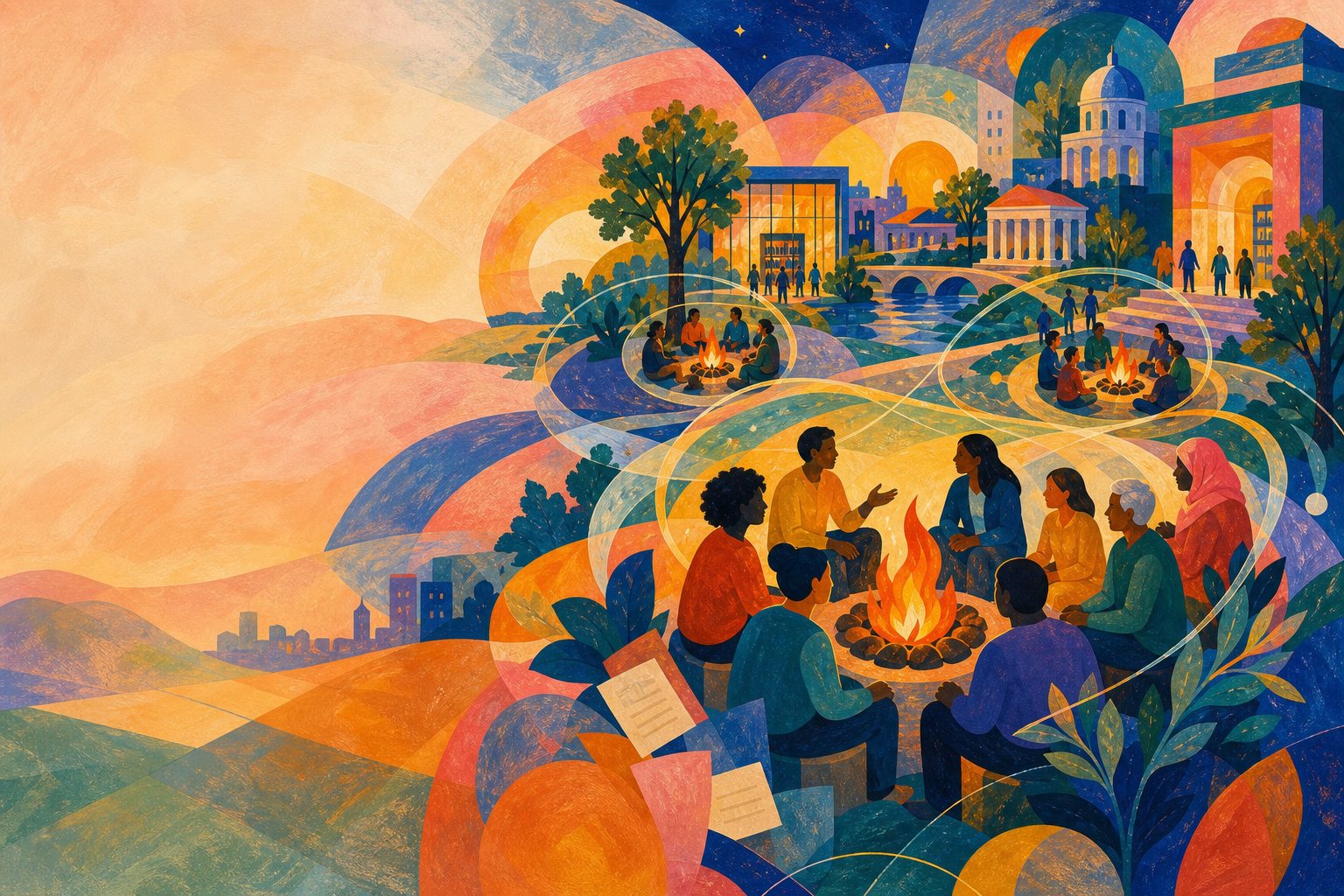 Painted scene of citizens deliberating in circles around small contained fires, connected by threads of light across a civic landscape