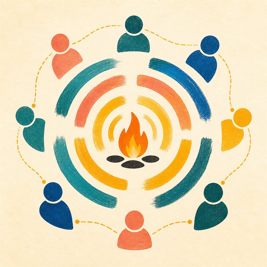 Painted podcast tile: a small contained flame with brush-stroke sound waves and listeners connected around it